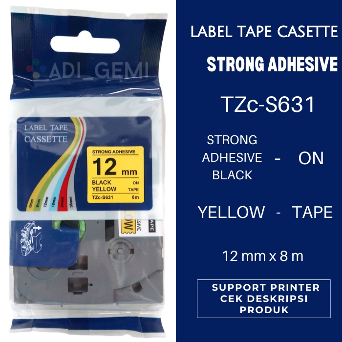 

Compatible Label Tape Brother TZc-S631 Strong Adhesive Black On Yellow 12mm