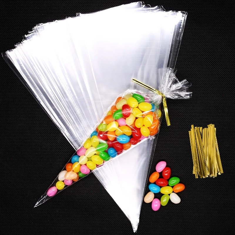 50 Pcs Pack Cone Clear Cellophane Packing Bag Pernikahan Ulang Tahun Natal Nikmat Packing Transparan Permen Kantong Kantong Dengan Dasi Plastik Segitiga Cookies Bag