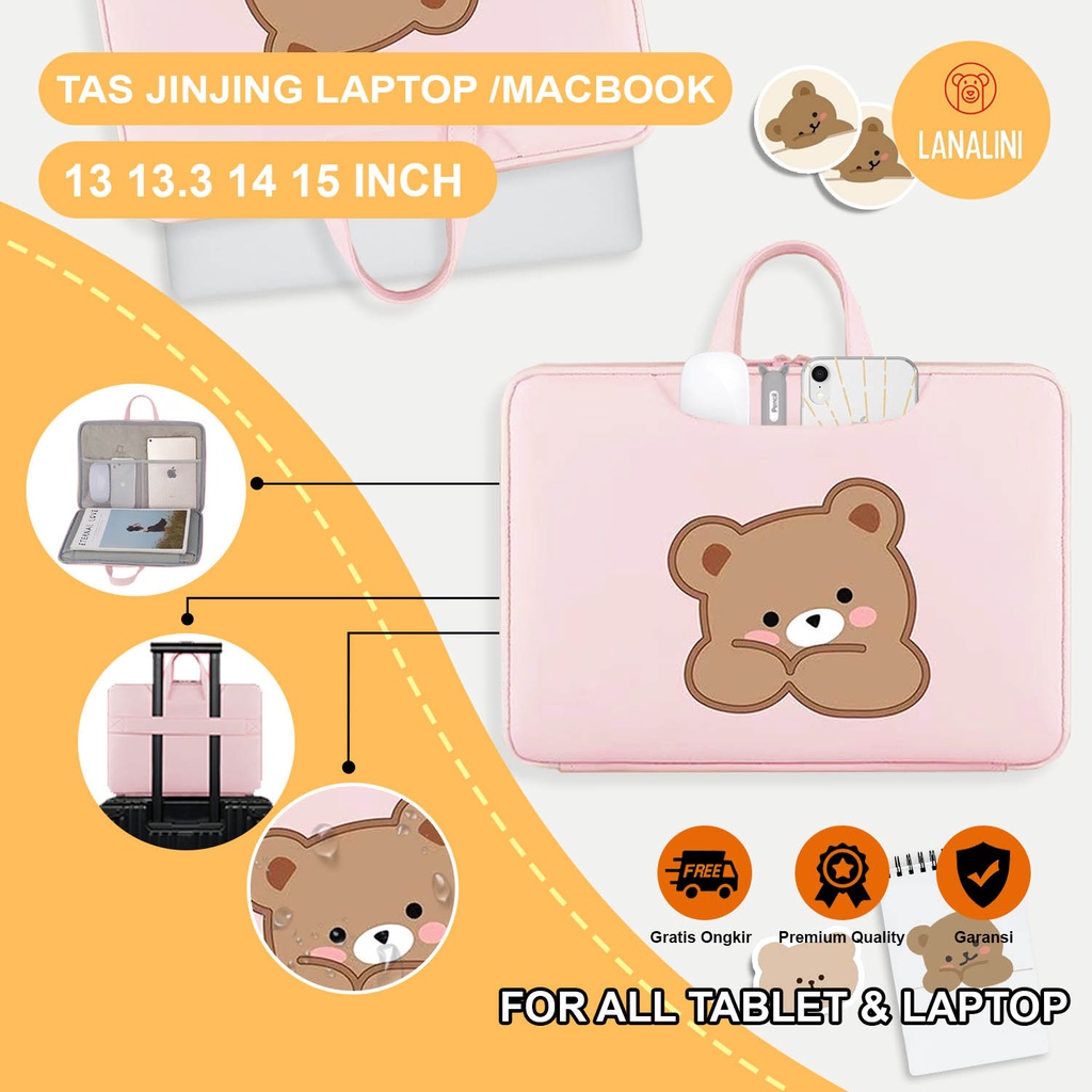 Sleeve Pouch Sarung Tas Bag Case Ipad Tab Tablet Macbook Air Pro Laptop Asus Acer Lenovo HP Huawei 11 12 13 14 15 inch Motif Gambar Bear Brown Beruang Warna Pink Coklat Lucu Cute Murah Korean Model Jinjing Tali Strap