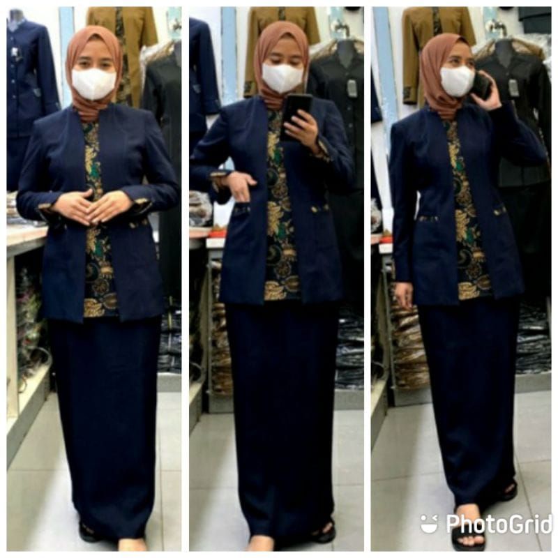 Setelan seragam kerja biru dongker Guru wanita Blazer warna navy  Jas Guru PDH seragam PNS