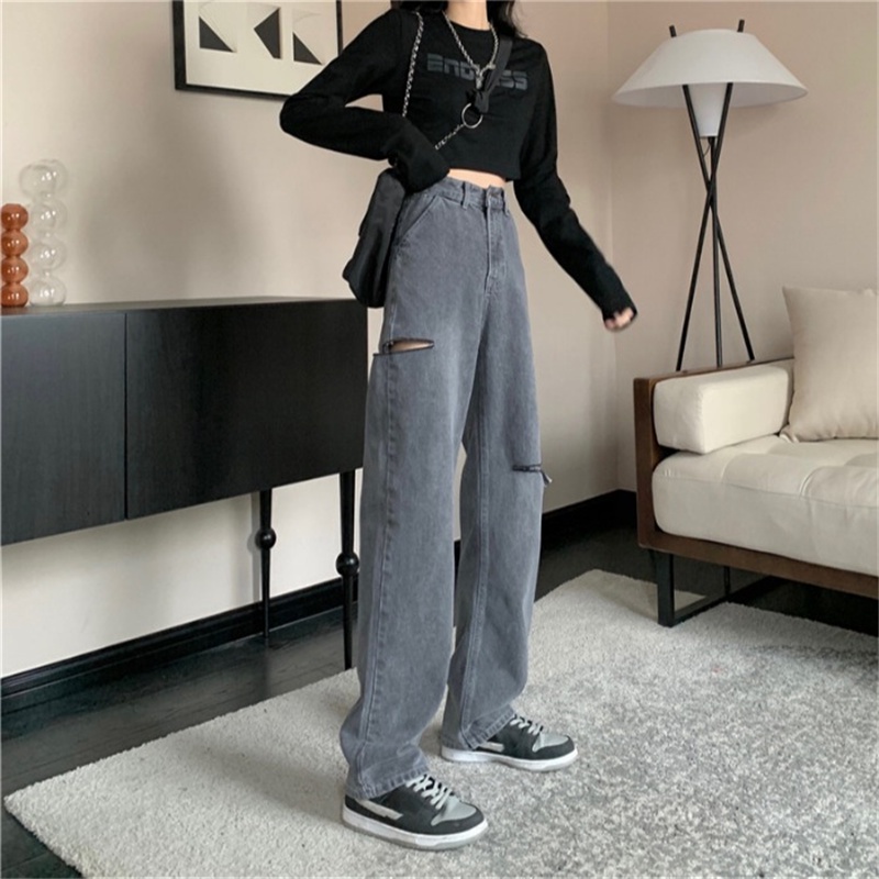 Abu abu Highwaist Robek Celana Jens Wanita / Korean Fashion Kulot Jeans Wanita