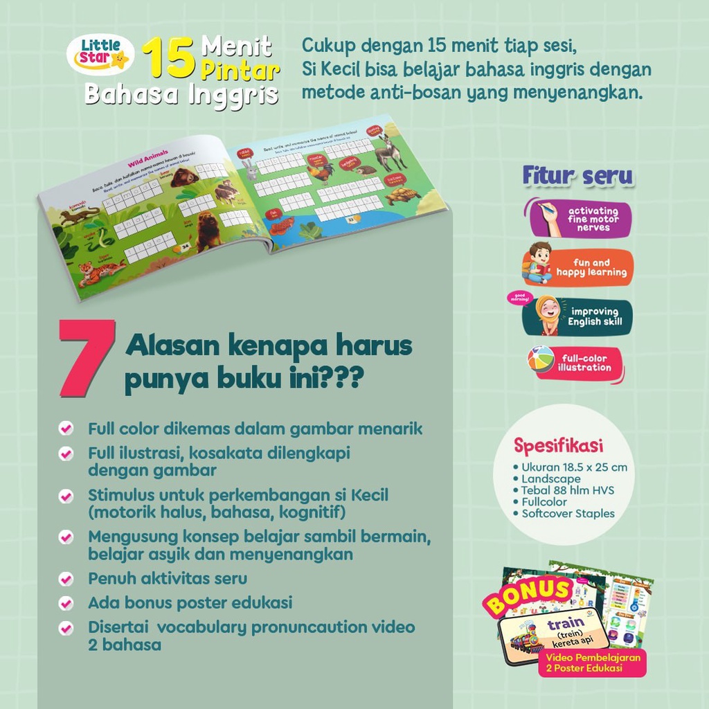 Buku Belajar Anak : Little Star 15 Menit Pintar Bahasa Inggris | Bonus Poster &amp; Video | Ziyad Books