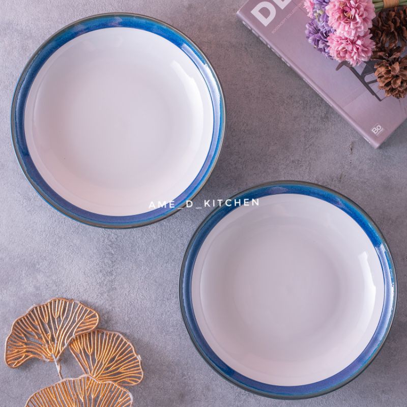 SALE Piring bijian keramik bulat tebal lis biru