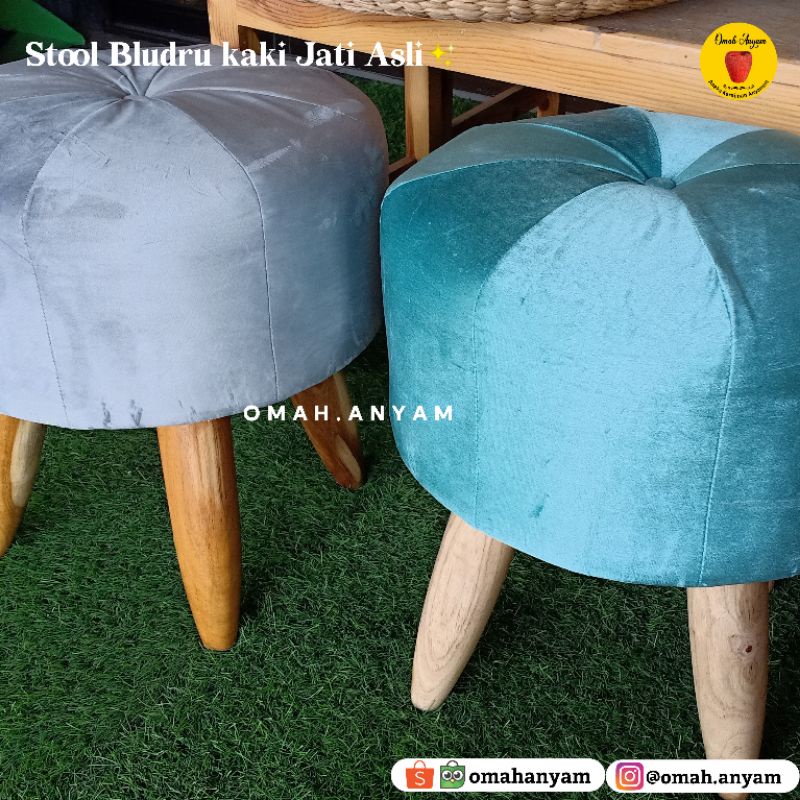 Stool Bludru kaki Kayu Jati | kursi bulat bludru empuk Kayu Jati Asli