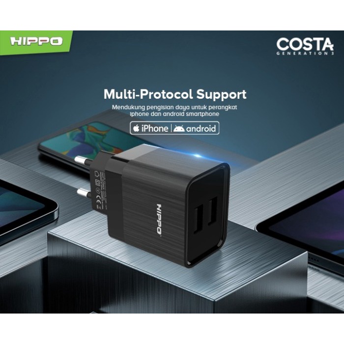 Hippo Adaptor Costa 3 2.4A 2 Port SDC USB Adapter Kepala Casan Colokan Charger Charging Rumah Type C Iphone Micro Travel Dual Port Output USB A USB C