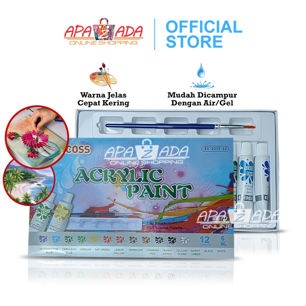 Apazada Cat Lukis Akrilik Set Isi 12 Warna / Acrylic Paint Color Evercross EV-1035-12 / Cat Acrilic 