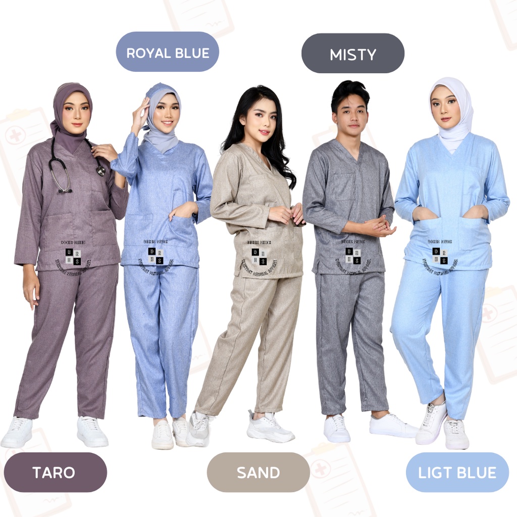 Baju OK DENIM / Baju Jaga / Scrub Medis DENIM Lengan Panjang DOCHS MEDIC