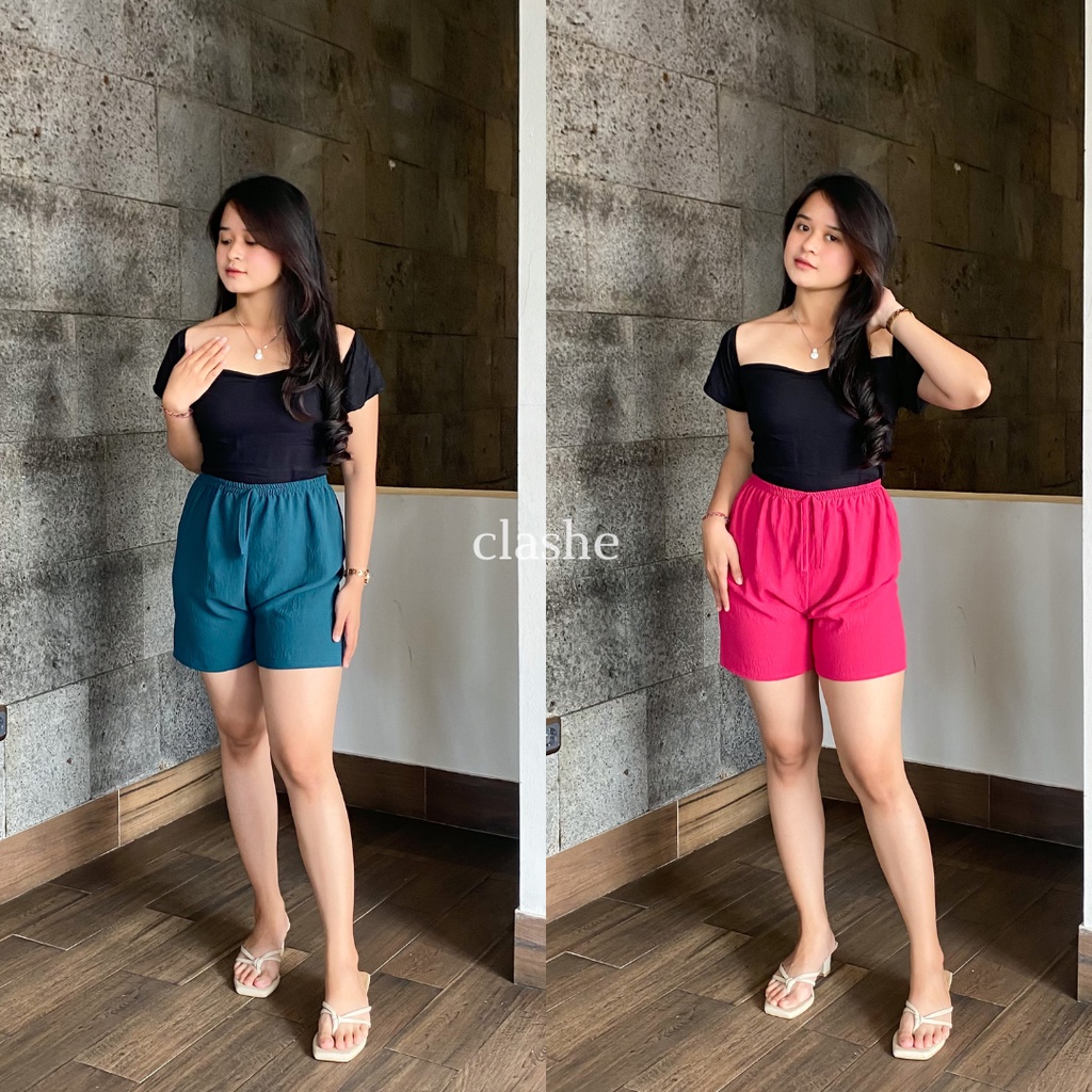 Celana Pendek Polos Wanita Dewasa Sehari Hari Korean Style Bahan Crincle Airflow Anti Lecek Terbaru Kekinian Lola Pants by Clashe