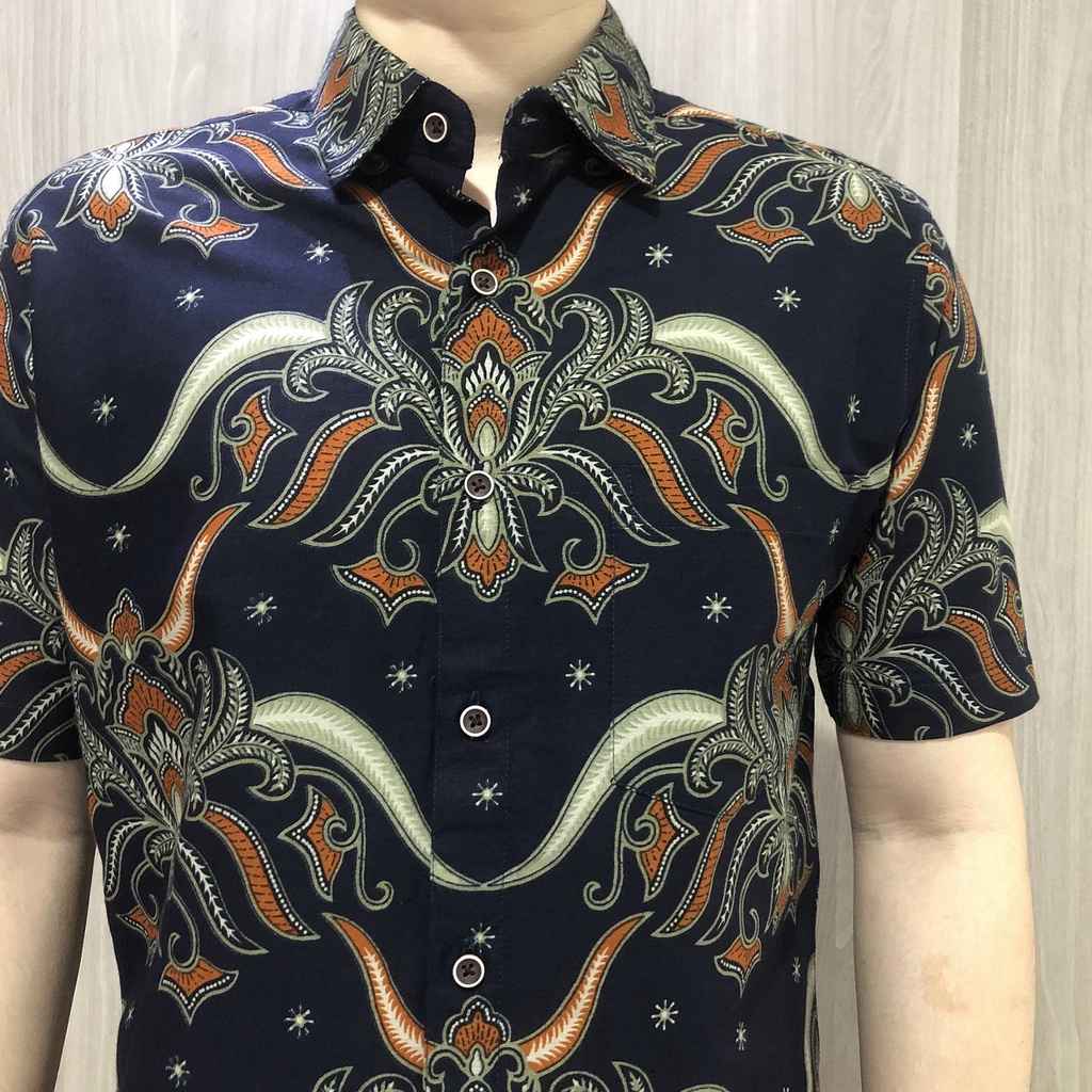 [GRIDLINE - S269 Dark Navy] Kemeja Batik Pria Katun Lengan Pendek Slimfit Keren Modern Halus Kantor Kondangan