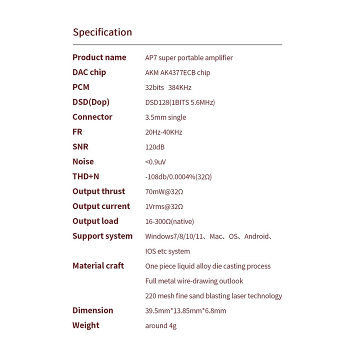 JCALLY AP7 Portable DAC Amplifier AK4377ECB Type C / Lightning / USB