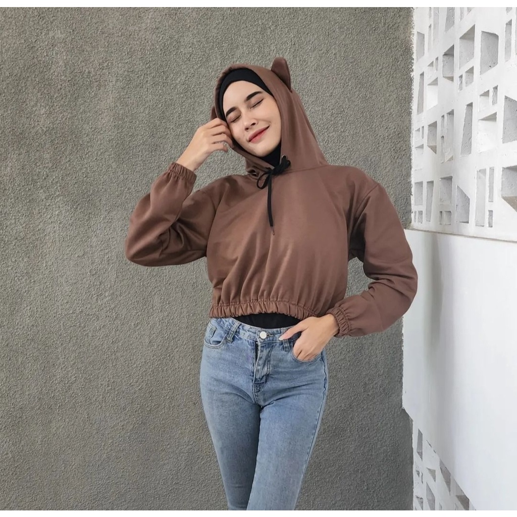 Sweater Wanita EAR CUTE HOODIE CROOPE Kupluk Lucu Outerwear Fashion Terkini Korean OOTD Kasual Simple