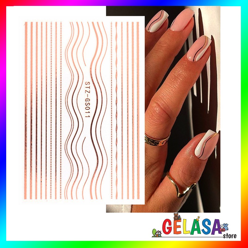 GELASA Stiker Kuku Nail Art Sticker Geometric Garis Line Gold Silver Rosegold