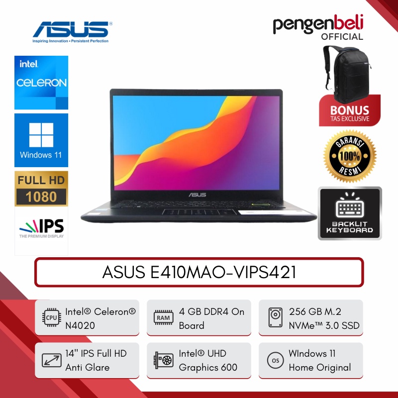 ASUS VIVOBOOK E410MAO INTEL N4020 RAM4GB SSD256GB 14FHD IPS WINDOWS 11 & OHS ORIGINAL - PROMO LAPTOP