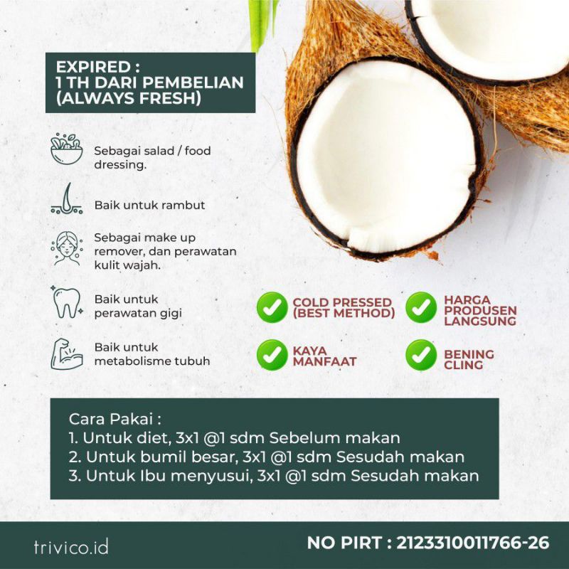 TRIVICO - Extra Virgin Coconut Oil VCO 250 ml /Minyak Kelapa Murni Organik