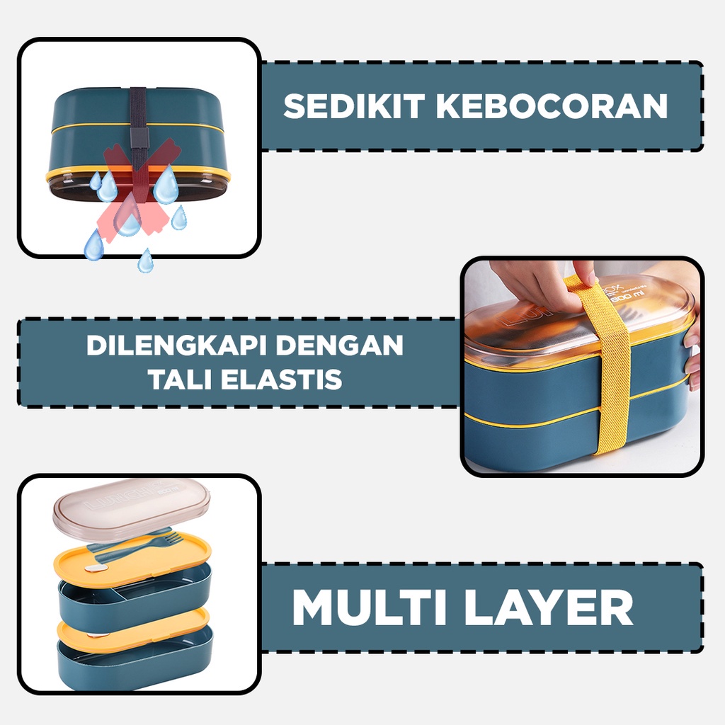 Lunch Box Set Tingkat Kotak Makan dengan Set Sendok Makan Lunch Box