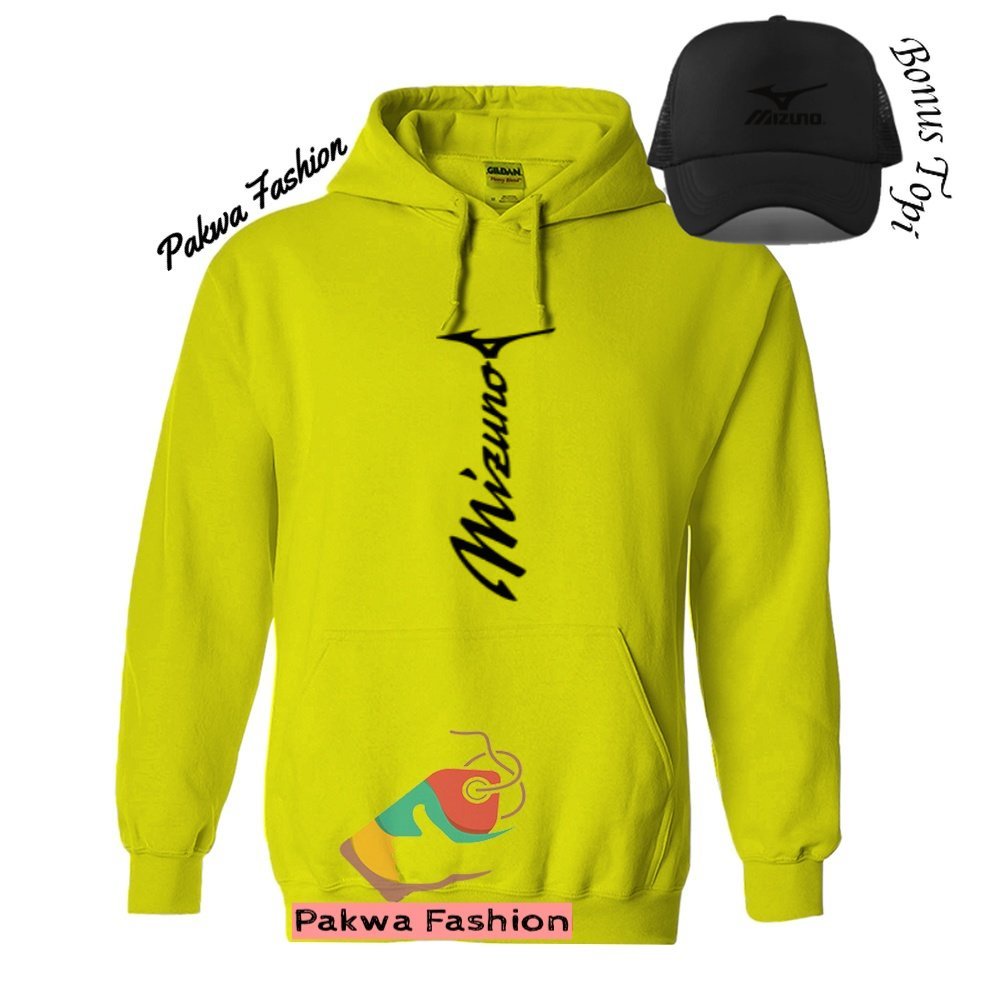 Bonus Topi Hoodie Distro Mizuno Garis Lurus Hitam Sweater Pria Wanita Tebal Import Premium Polos Cew