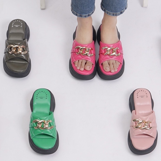 SARASARA YUK - Dunkenstock CHERIYA Sandal Wanita Wedges Chain Tinggi 5cm Size 36 - 40 Casual Sendal Platform Bellezza 37 38 39 Santai Slop Belleza Warna Army Green Selop Premium Original Beleza Kekinian Terbaru Shoes ORI Mall Official Store