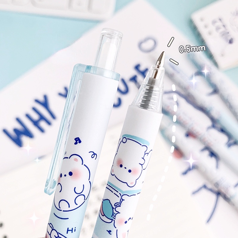 [Harga Grosir] [Warna Random] 0.5mm Kreatif Alat Tulis Siswa Tekan Pena Netral Kartun Sky Blue Gel Pen Cute Student Press Type Pen Lovely Halus Hitam Pena Netral