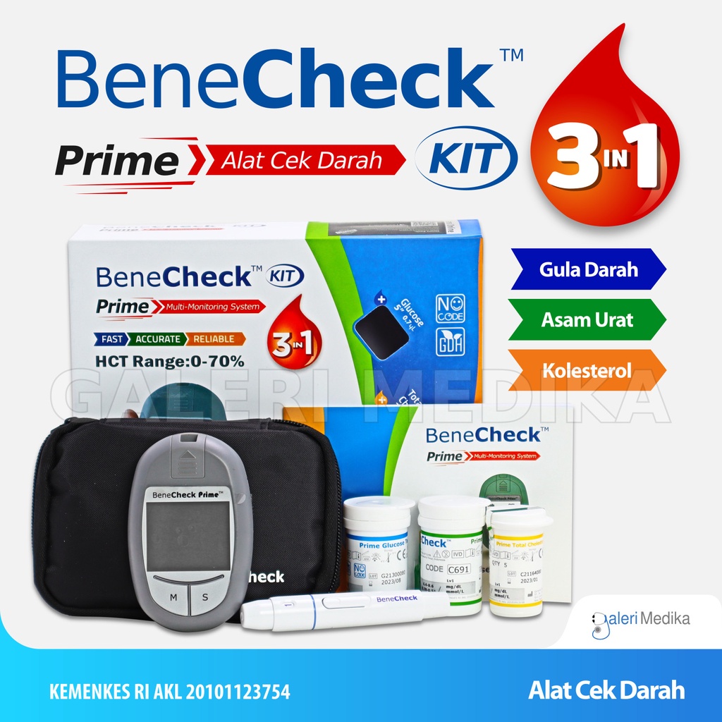 BeneCheck Prime Starter Kit Alat Cek Darah / Screening Kesehatan 3in1 (Gula Darah, Asam Urat dan Kolesterol)