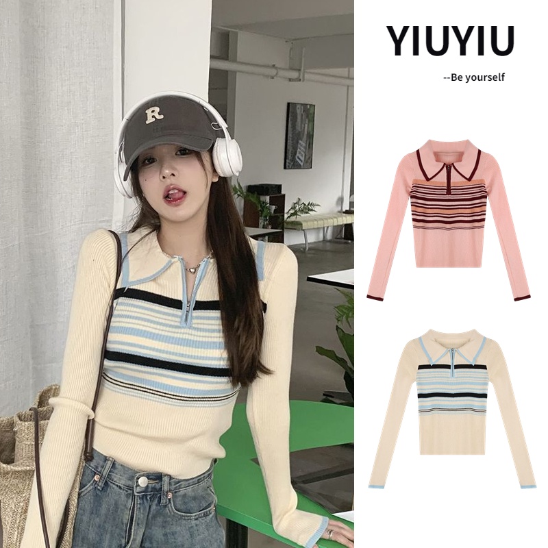 YIU YIU Rajut - Baju Rajut Wanita Lengan Panjang Stripe Sweater Wanita Korea