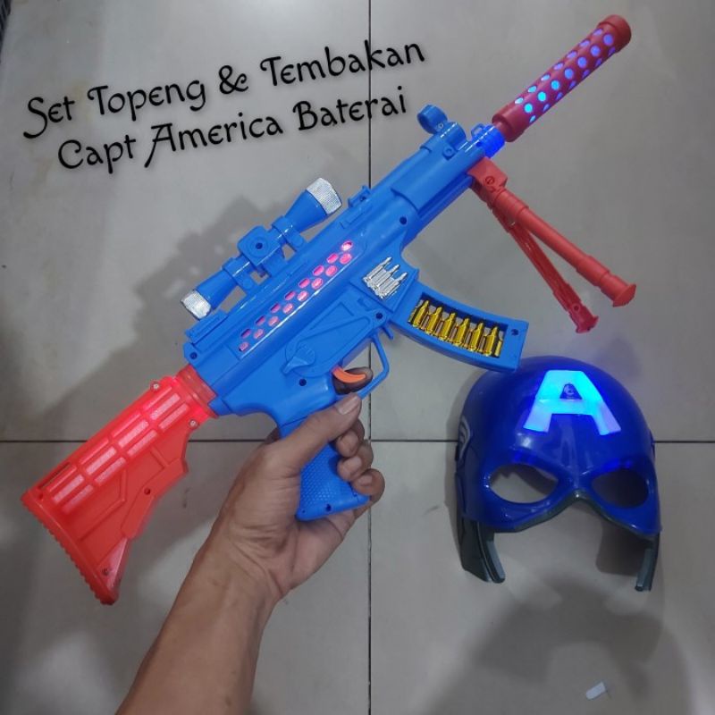 Mainan Set Topeng dan Tembakan Capt America Baterai- Pistolan Cosplay Avengers Batre Anak Laki Cowok