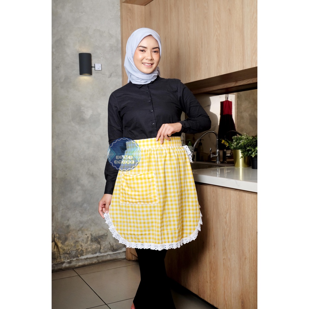 CELEMEK Masak Ala CINDERELLA / Apron LUCU KELILING RENDA Motif Kotak Gingham by Ismi Store (A5)