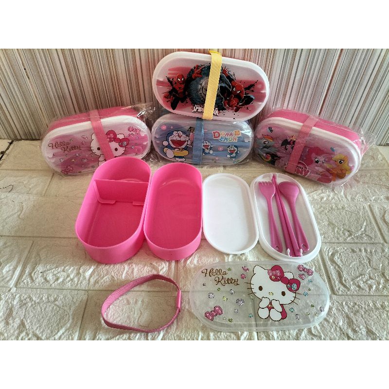 (COD) Lunch box 2 susun karet / Lunch box karakter / tepak bekal 2 tingkat