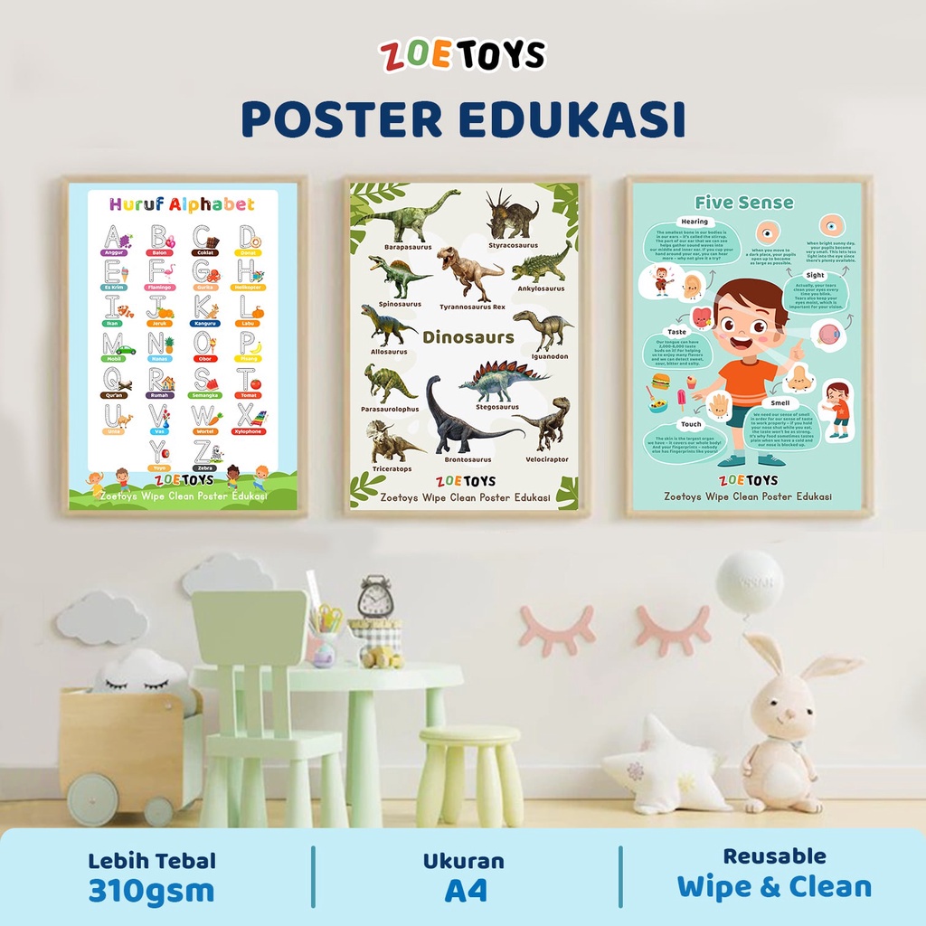 Zoetoys Wipe Clean Poster Edukasi Set | Belajar Huruf Angka Bentuk Reusable Laminasi | Pendidikan Anak Paud Balita TK | Cari Bingkisan Hampers