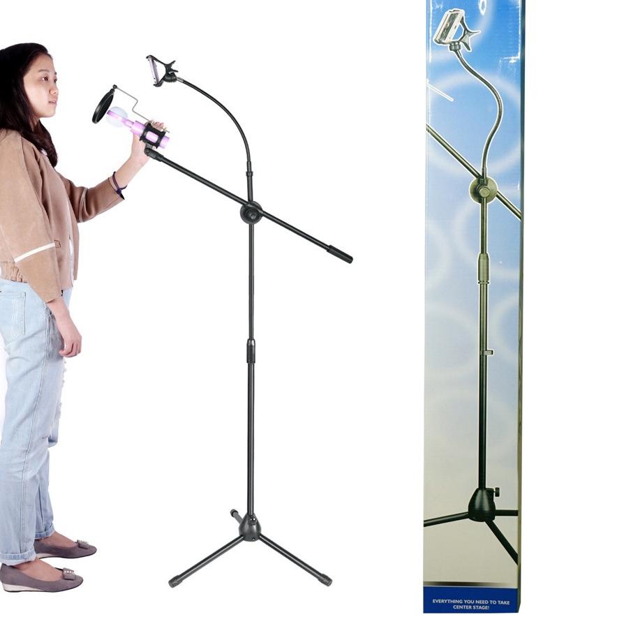 Depan [ ALAT STUDIO] - Tripod Stand Mic Microphone Dengan Holder hp Smartphone 360 Degree Recording 