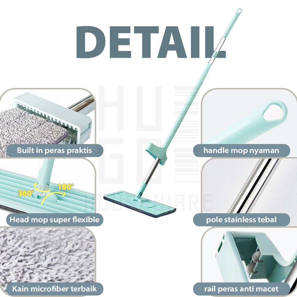 Alat Pel Lantai Tarik Flat Microfiber Mop Peras Tanpa Tangan Ultra Mop Pembersih lantai