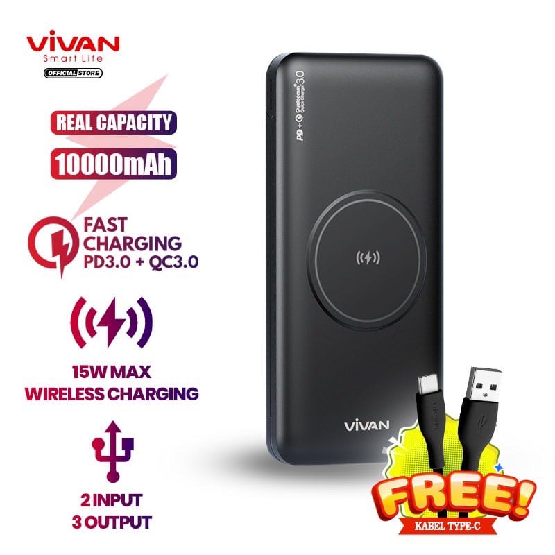 A_   VIVAN Powerbank VPB-W11 10000 mAh Power bank Wireless 3 Output Fast Charging 18W QC3.0 PD Support iPhone 13
