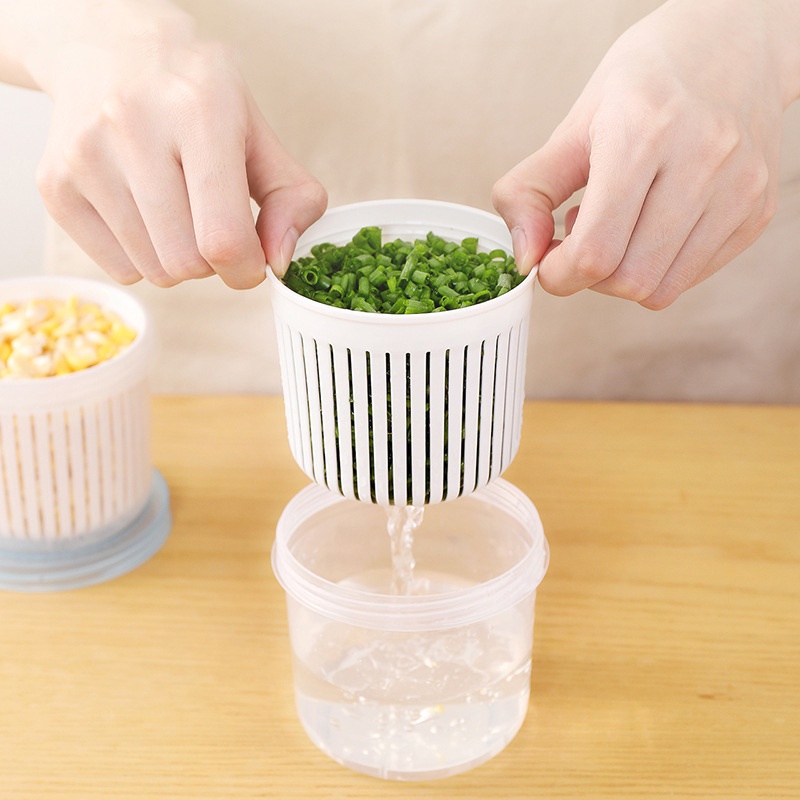 ღ Drain Segar Pemelihara Kotak Penyimpanan Lemari Es Pengeringan Kotak Buah Sayur Tiriskan Rak Dapur Disegel Makanan Penyimpanan Wadah dengan Tutup Organizer Dapur