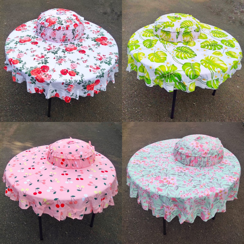 Taplak Meja Makan Bulat 4 kursi Rempel / Rumbai + Tudung Saji Bulat