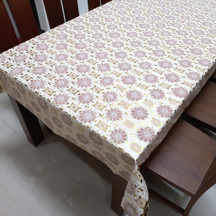 :::::::] Taplak Meja Makan Plastik Meteran Waterproof Krem Motif Bunga Anti Air