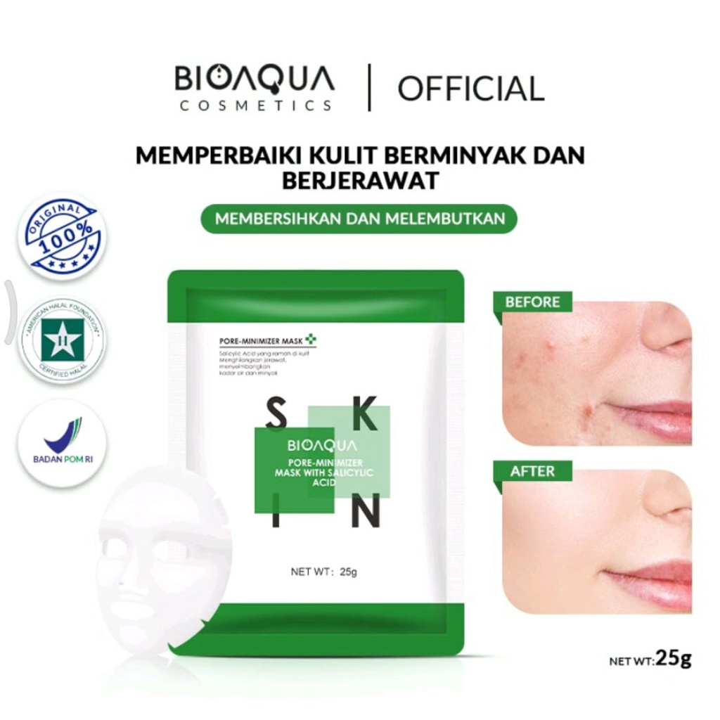 BIOAQUA Sheet Mask Pore Minimizer With Saliyclic Acid Mask 25g | Masker Wajah Sachet Untuk Kulit Berjerawat 100% Original