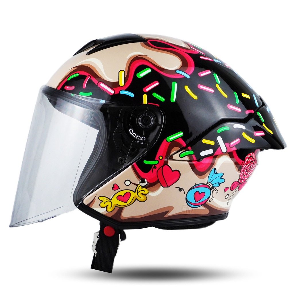 Helm JS1 Half Face Motif Candies Hitam Pink SNI Terbaru