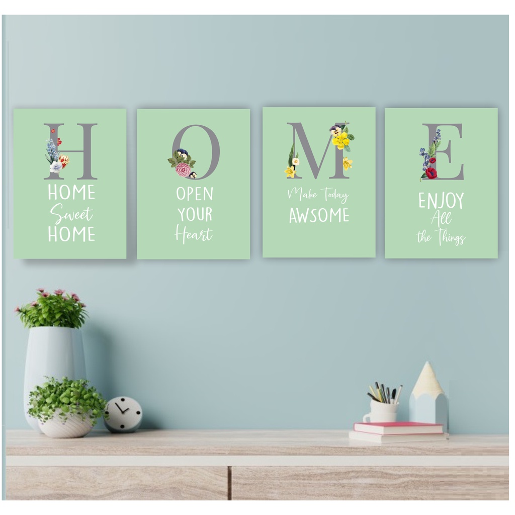 Frame Wall Decor Set Hiasan Dinding Paket Isi 4Pcs Aesthethic Minimalis Pajangan Rumah Dekorasi Poster Quotes Home Floral 3D Kayu Tebal  20 x 30 - 30 x 40