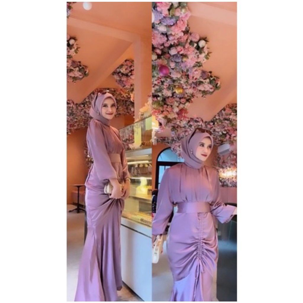 Gamis serut vannya dress silk bahan satin busui friendly terbaru / Dress gamis kondangan bridesmaid kekinian raelpict