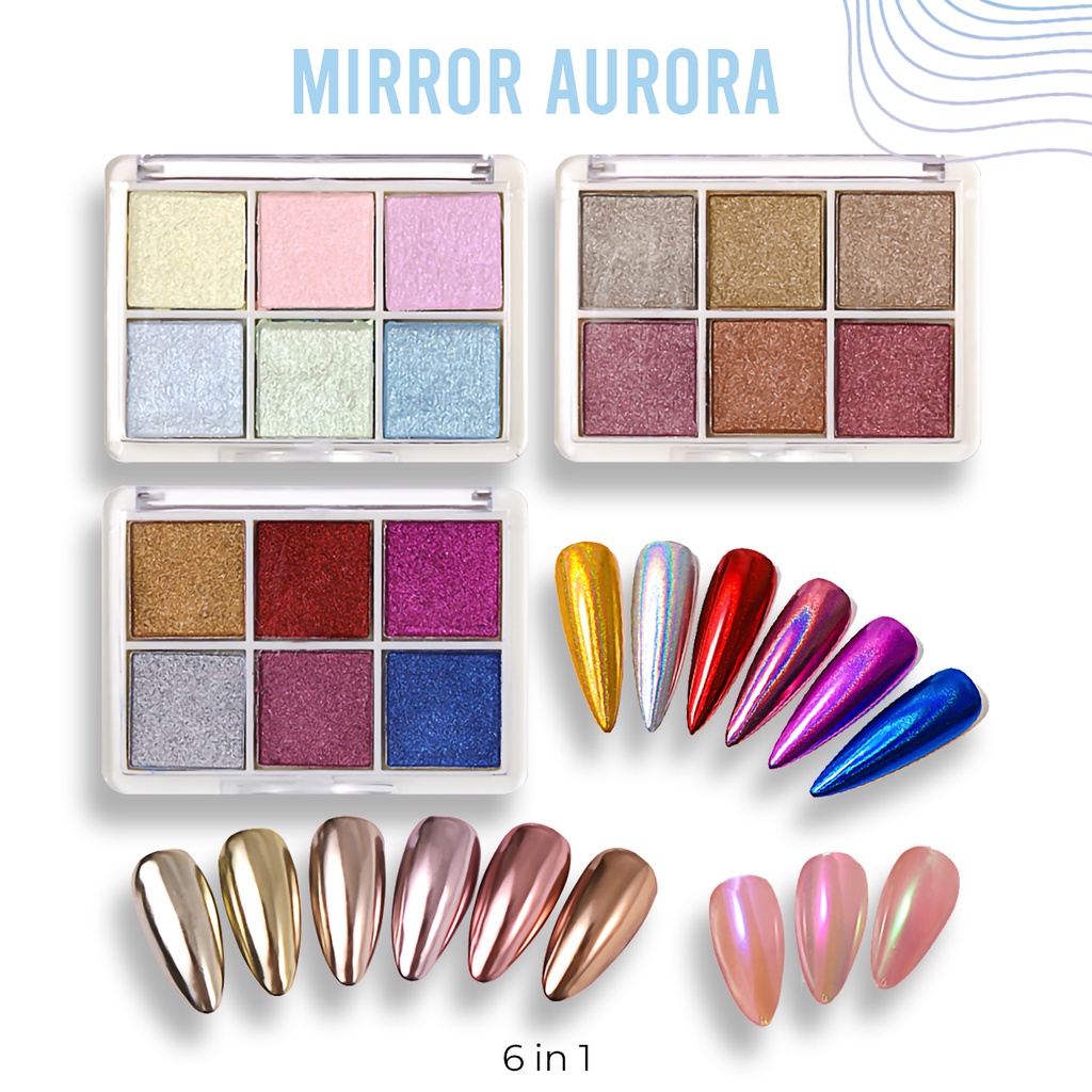 Pretty  Set 6pcs Bubuk Aurora/Bubuk Chrom Powder Pearl/Nail Powder Bubuk Mirror Chrome Aurora Nail Art Powder