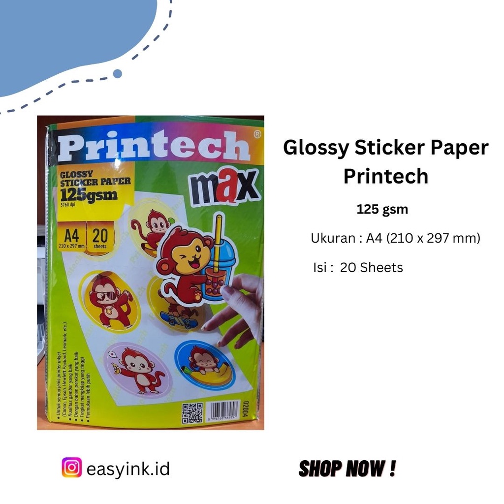 

Glossy Sticker Paper Kertas Stiker Printech A4 125 gsm 20 lembar