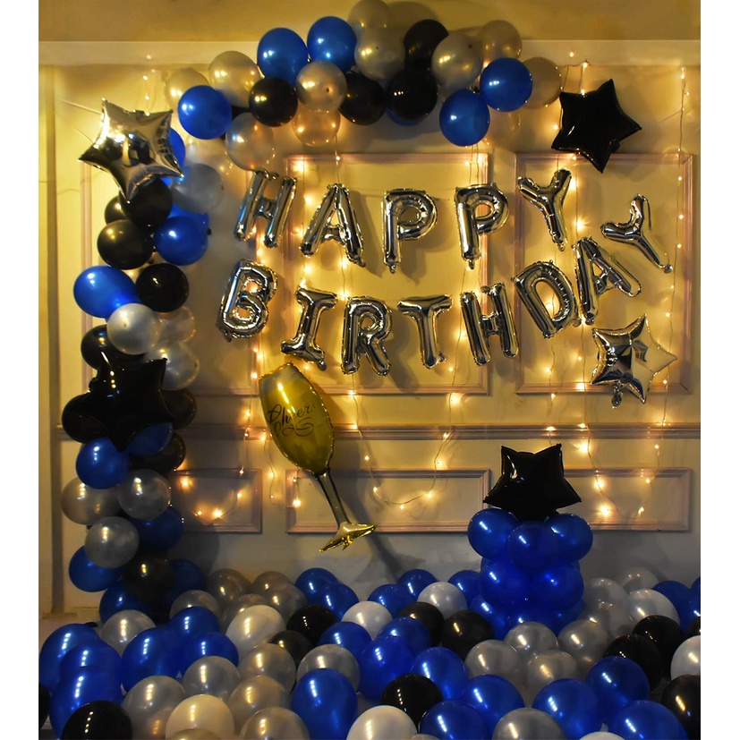 Jual Paket Balon Dekorasi Happy Birthday Tema BLUE BLACK + Lampu LED