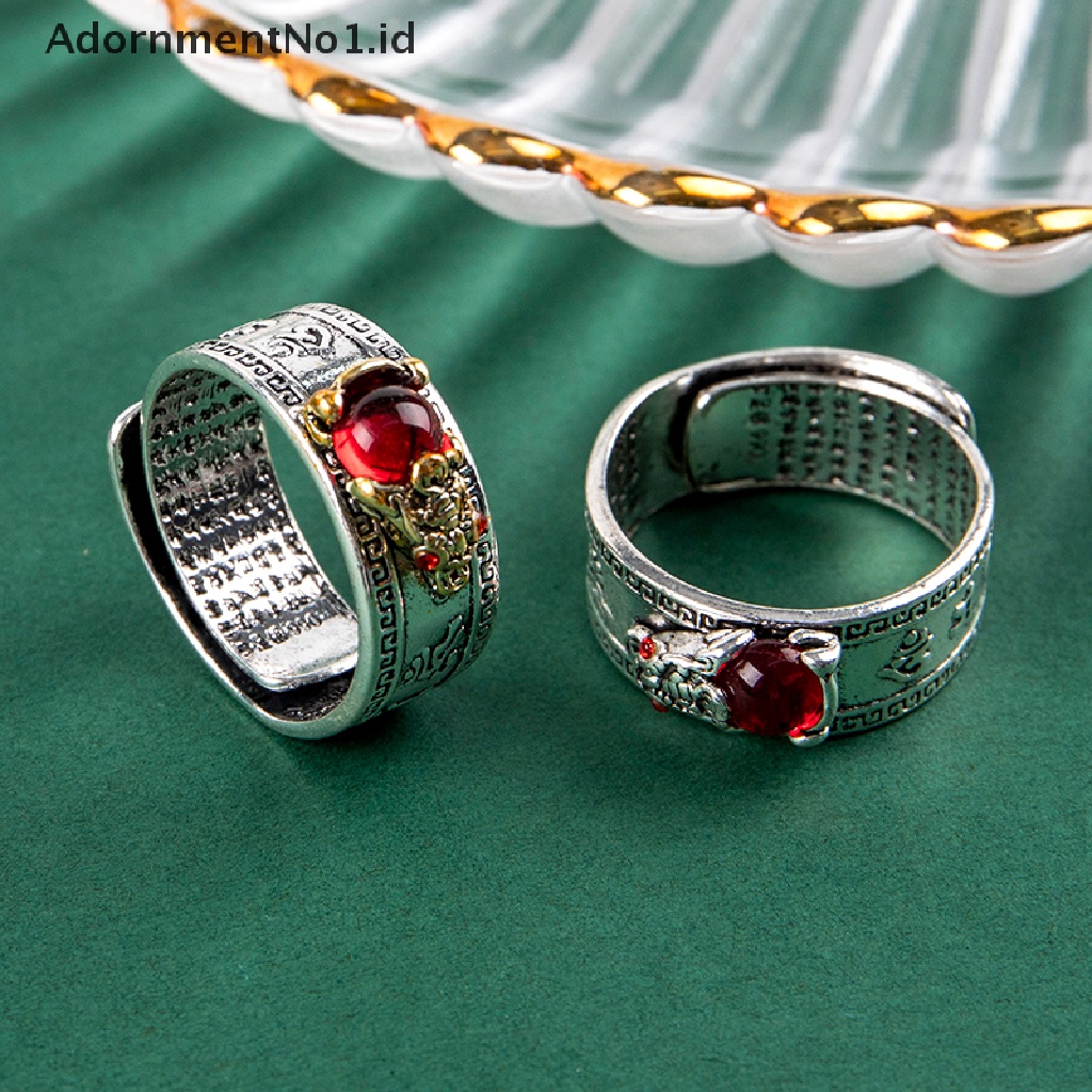 [AdornmentNo1] 1pcs Cina Feng Shui Pixiu Cincin Vintage Perak Berlapis Hati Sutra Awan Beruntung Cincin Ukir Batu Merah Permata Pi Xiu Binatang Cincin Pria Wanita Jari Cincin Perhiasan Antik [I