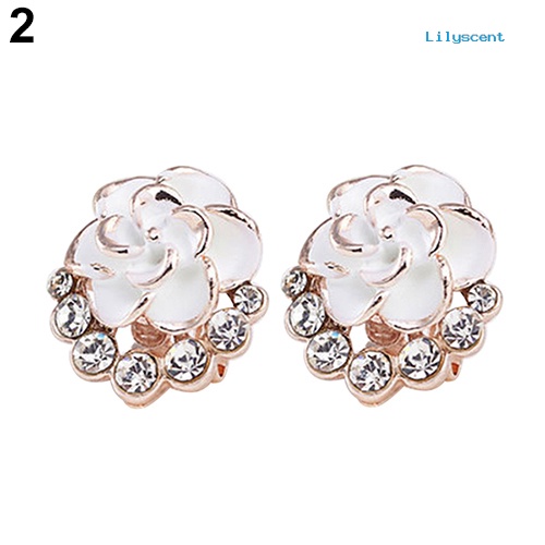 [LS] Wanita Peony Camellia Bunga Berlian Imitasi Alloy Ear Stud Earrings Perhiasan Pesta