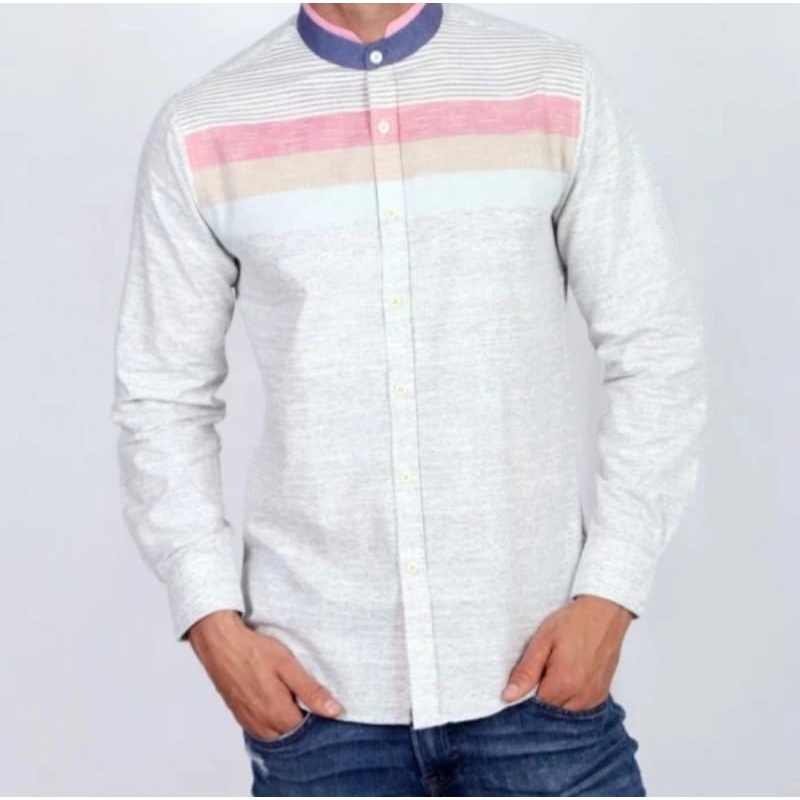 baju koko pria lengan panjang original casella premium putih - garis kombinasi