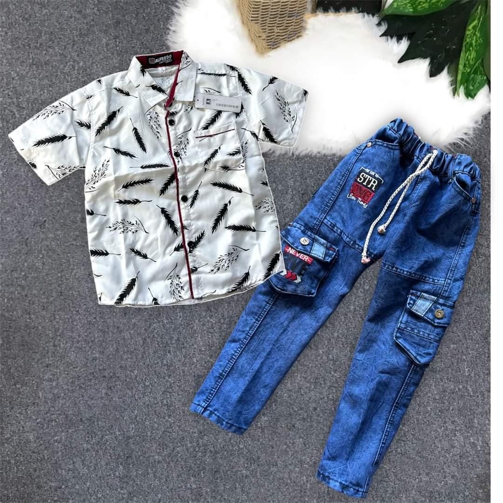 Setelan kemeja printng motif bulu ayam bahan katun usia 1 sampai 12 tahun Bisa pilih warna