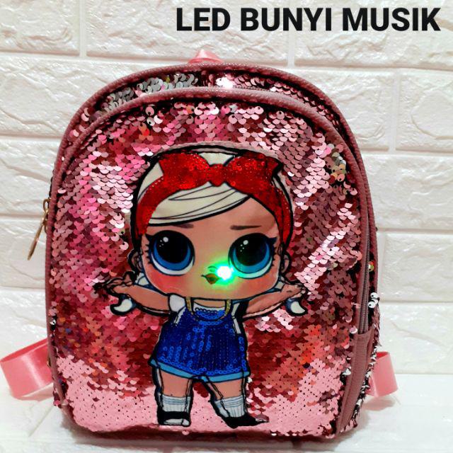 &quot;aurabagss&quot; - Tas Anak Perempuan Ransel Sequin Motif LOL ( Bunyi ) LED ( Lampu ) Terbaru 2023