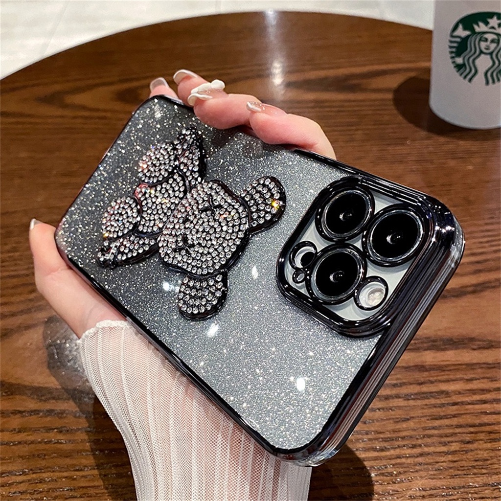 Luxury Diamond Bear shockproof case iPhone 14 Pro Max case iPhone 13 12 11 Pro Max14 Plus Proteksi Kamera aesthetic Full case Berlapis Tertutup