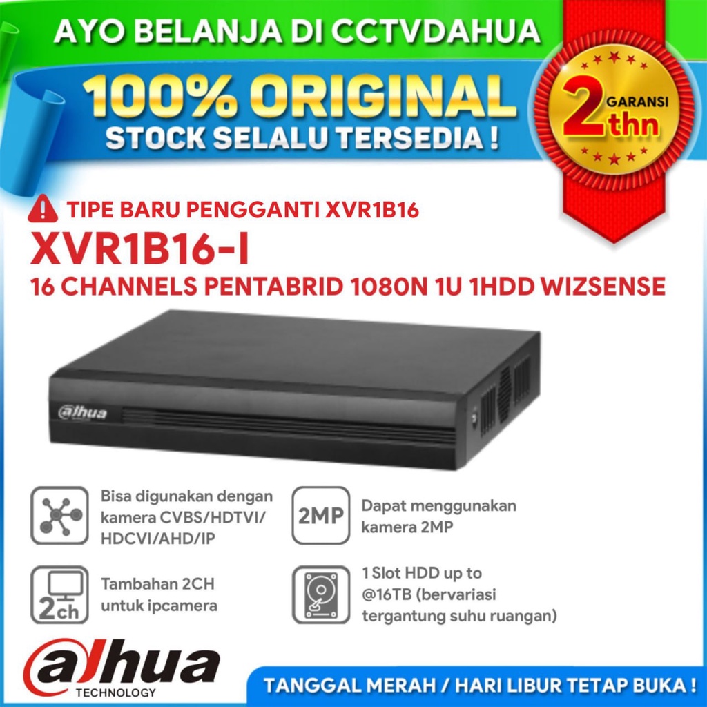 DAHUA XVR1B16 XVR SERIES COOPER 16CHANNEL Support H.265+ / Pentabrid GARANSI RESMI 2 TAHUN