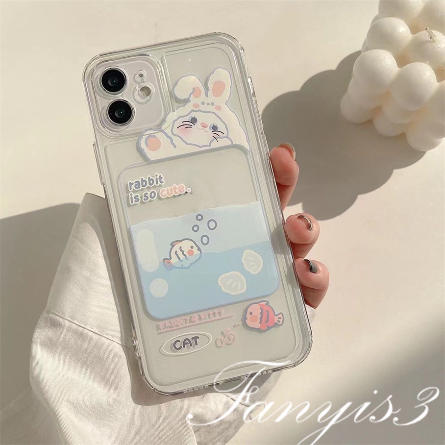 Compatible For IPhone 14 13 12 11 Pro Max X XR Xs Max 8 7 Plus SE 2020 Kompatibel Untuk Cute Rabbit Cat Fish Card Holder Phone Case Bening TPU Lembut Sarung Pelindung