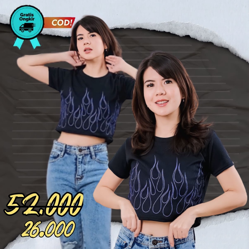 Kaos Baju Api Fire Ungu Biru Crop Top Wanita Lunox Korean Style